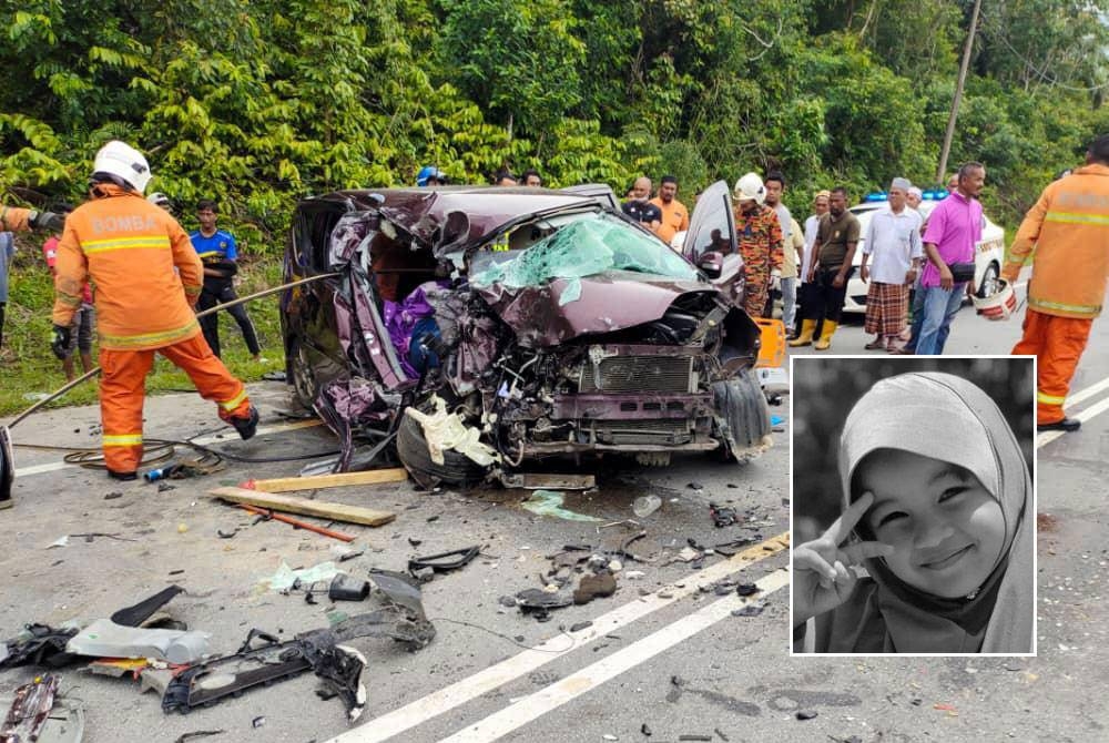 Kemalangan melibatkan sebuah MPV dan treler tangki minyak di kilometer 83 Jalan Kuala Terengganu - Kota Bharu dekat Kampung Bintang, Setiu pada Jumaat lalu. Gambar kecil: Nur Qaireen Luthfiya