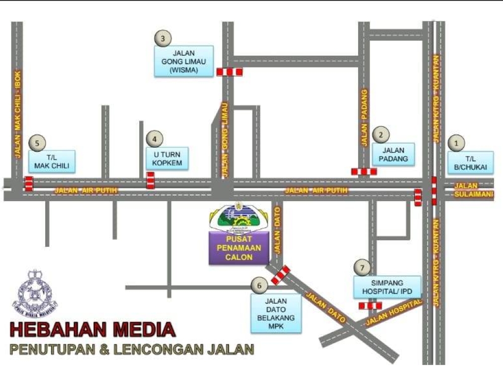 Lakaran jalan-jalan utama yang akan ditutup sepanjang proses penamaan calon PRU15 di Kemaman.