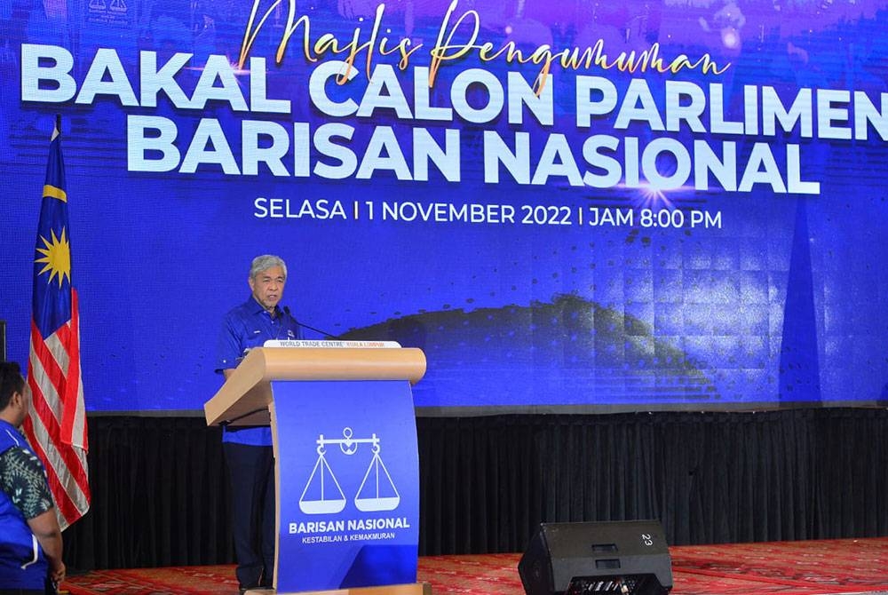 Ahmad Zahid ketika berucap pada Majlis Pengumuman Bakal Calon Parlimen BN di WTCKL pada Selasa.