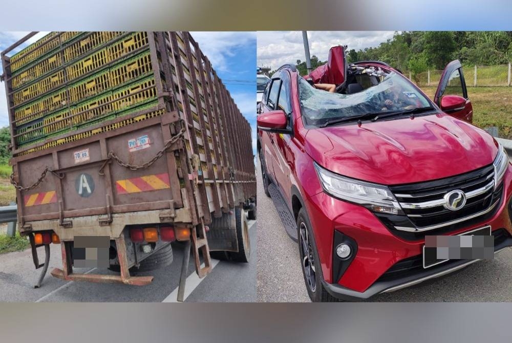 Seorang lelaki cedera di bahagian muka dan kepala selepas MPV dipandunya terkena tayar yang tercabut dari sebuah lori. - Foto PDRM