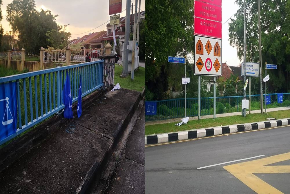 Polis mendapati poster dan bendera yang dirosakkan di Taman Tun Dr Ismail pada Isnin.