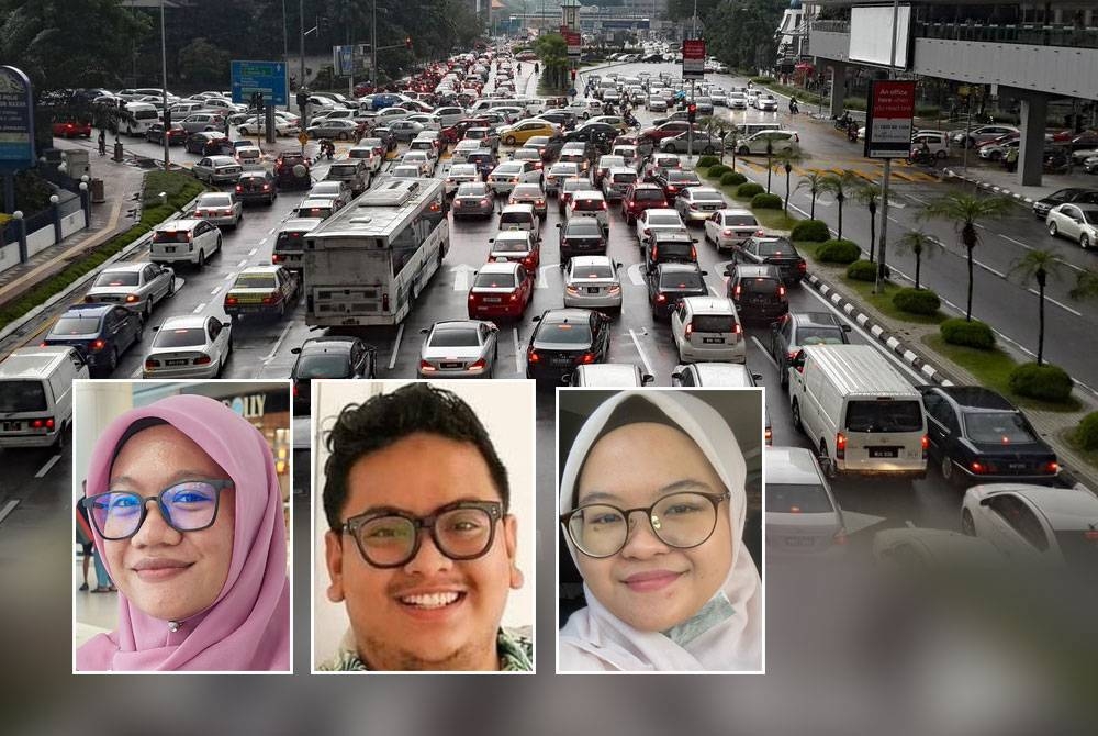 Situasi kesesakan lalu lintas dan menyusahkan ramai orang termasuk pejalan kaki. Gambar kecil dari kiri: Mazlina, Muhamad Ameer, Intan Nor Sazwani