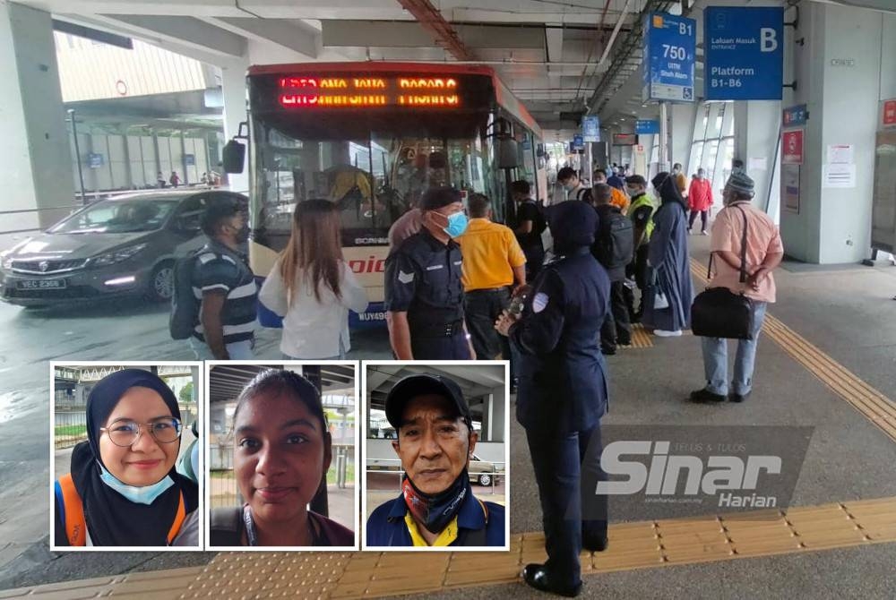 Tinjauan di stesen LRT Pasar Seni mendapati, keadaan agak terkawal tetapi berlaku sedikit kesesakan apabila orang ramai keliru dengan arahan dan terpaksa berasak-asak di dalam bas. (Gambar kecili: Norakmar (kiri), Marissa dan Mohd Amin)