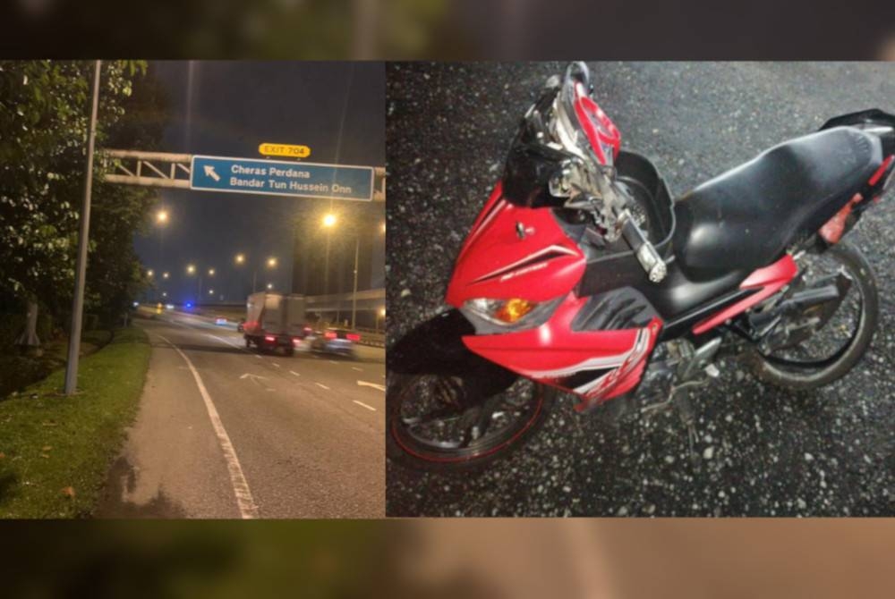 Lokasi kejadian langgar lari berlaku di KM 15, Lebuhraya Cheras-Kajang (kiri) dan keadaan motosikal mangsa selepas kemalangan, Sabtu lalu. - Foto PDRM