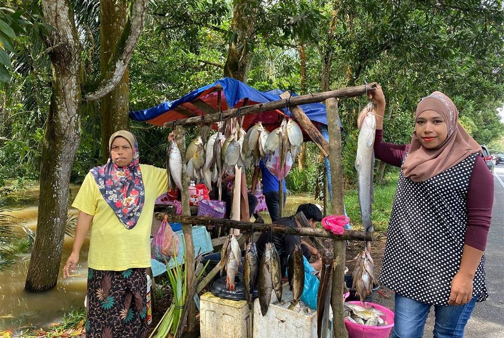 Ameila (kanan) dan Faridah (kiri) antara penduduk kampung yang menjana pendapatan menerusi hasil jualan ikan darat sempena musim tengkujuh di Rantau Panjang.