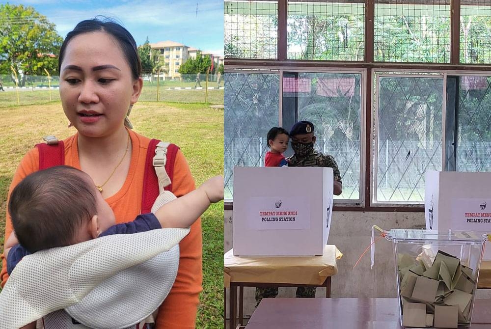 (Gambar kiri) Mercella menggendong anaknya ketika hadir ke pusat pengundian awal. (Gambar kanan) Helmie Ahmad sambil mendukung anaknya ketika sedang melakukan proses pengundian awal di Sekolah Agama Rakyat Kem Lok Kawi, Putatan.