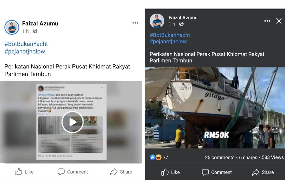 Tangkap layar video penjelasan Ahmad Faizal mengenai pembelian kapal layar di Facebook pada Selasa.