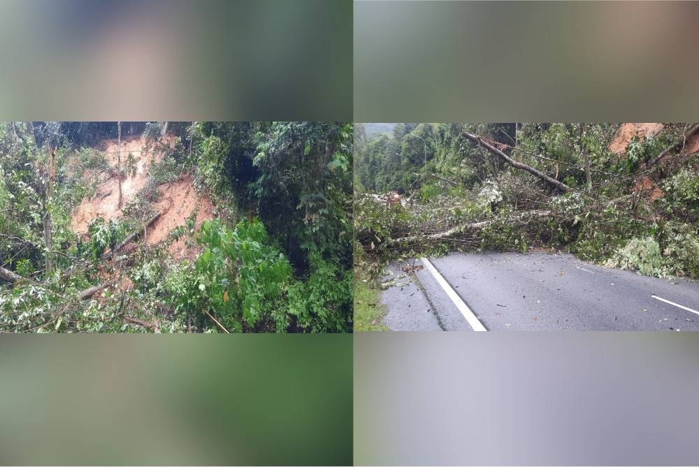 Keadaan runtuhan cerun di laluan sepanjang 100 meter Jalan Mantin-Seremban susulan hujan lebat malam tadi. - Foto JBDPM Negeri Sembilan.