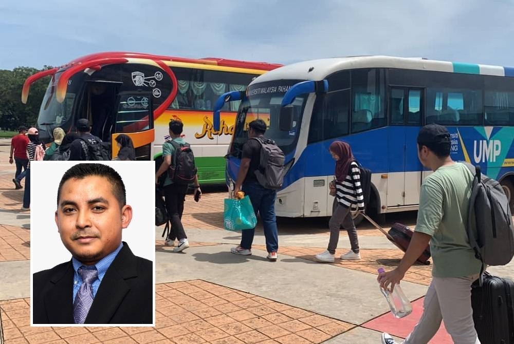 Sebahagian pelajar UMP beratur menaiki bas yang disediakan untuk pulang mengundi. (Gambar kecil: Dr Mohd Rusllim)