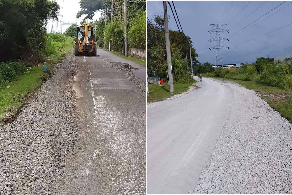 Gambar kiri menunjukkan kerja-kerja pembaikan jalan yang dijalankan dan gambar kanan adalah jalan yang siap dibaiki.