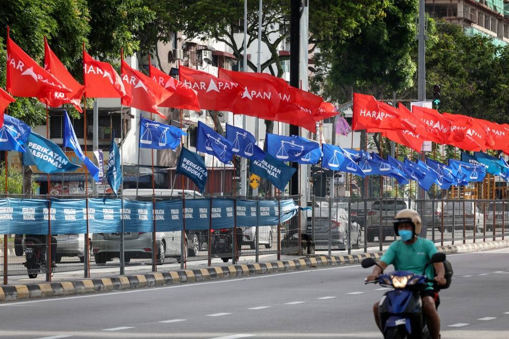 Bendera parti politik menghiasi sepanjang jalan raya. - Foto Bernama. 