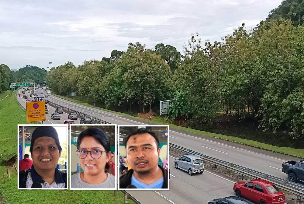 Keadaan aliran trafik Lebuhraya Utara Selatan di Gopeng ketika tinjauan jam 11 pagi pada Jumaat. (Gambar kecil dari kiri: Muhammad Izzat, Priya dan Mohd Junaidi)