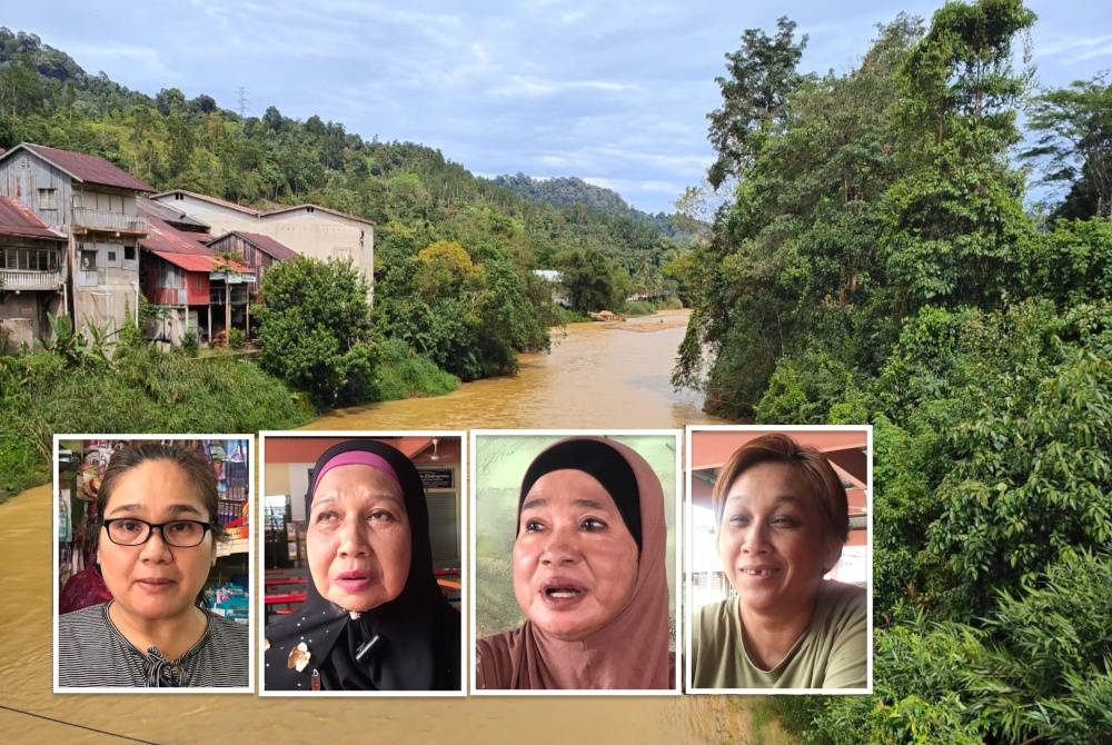 Limpahan air Sungai Lembing yang melimpahkan menyebabkan pekan Sungai Lembing saban tahun dinaiki banjir. (Gambar kecil: Elly, Rohaya, Azizah dan Sit Fong)