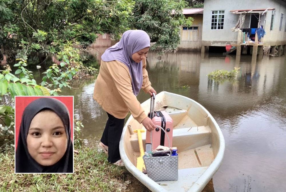 Nor Shairah mengangkut beg ke atas perahu untuk ke rumahnya yang dinaiki air. Gambar kecil: Nurul Nasuha