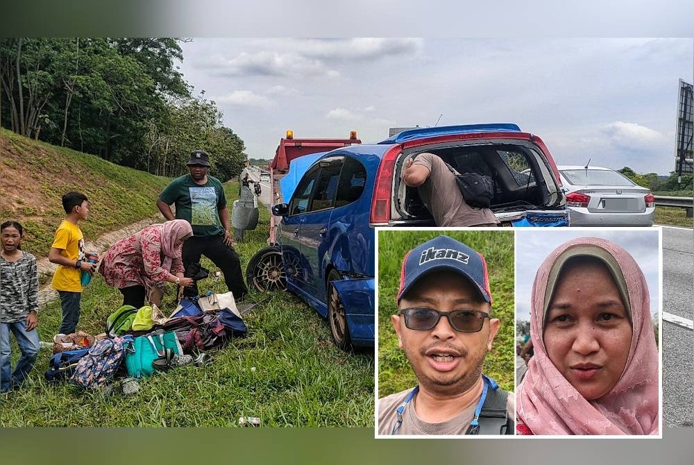 Mohd Redza Fahlawi melihat bahagian belakang kenderaannya yang turut mengalami kerosakan teruk dalam kemalangan di Kilometer 189.6 Lebuh Raya Utara-Selatan (arah selatan), Jasin pada Jumaat. (Gambar kecil: Mohd Redza (kiri) dan Salmiah)