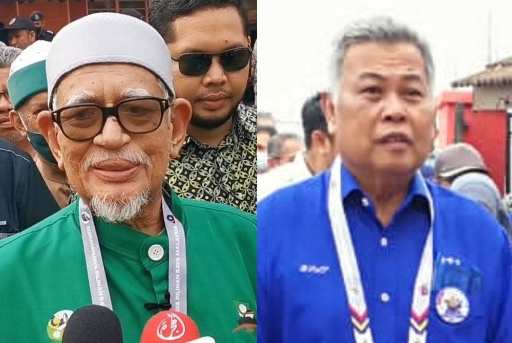 Abdul Hadi (kiri) memakai jaket yang memaparkan logo Pas ketika membuang undi di SK Rusila di Marang pada pagi Sabtu. Ahmad memakai kemeja memaparkan logo parti ketika hadir membuang undi di SK Telok Kalong, Kijal, di Kemaman, pada Sabtu.