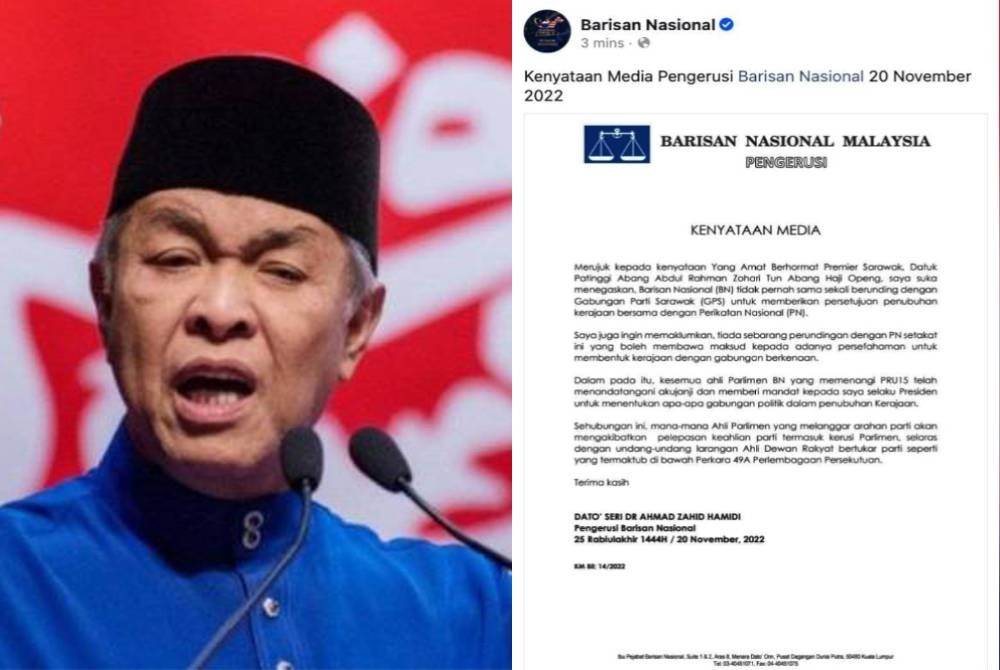 Tangkap layar kenyataan Pengerusi BN, Datuk Seri Dr Ahmad Zahid Hamidi pada Ahad.