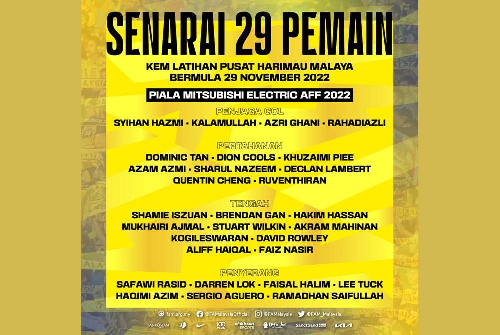 Senarai 29 pemain untuk menyertai kem latihan pusat skuad Harimau Malaya. Foto FB FAM