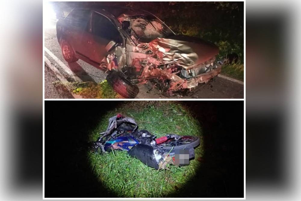 Keadaan motosikal dan kereta Proton Saga yang terlibat kemalangan. - Foto ihsan PDRM