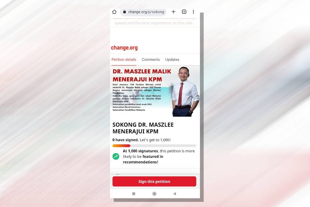 Inisiatif mengumpulkan tandangan bagi Dr Maszlee Malik menerajui Kementerian Pendidikan Malaysia (KPM).