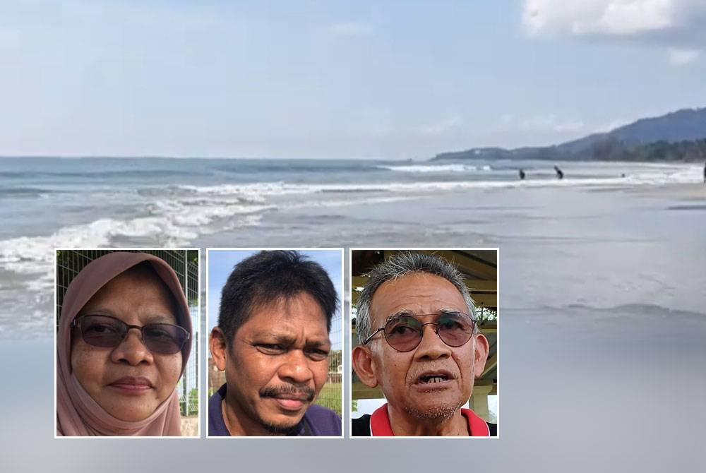 Ubur-ubur putih dikesan di Pantai Batu Hitam pada Jumaat. Gambar kecil: Gambar kecil dari kiri; Wan Zarina, Mohd Ali dan Talib.