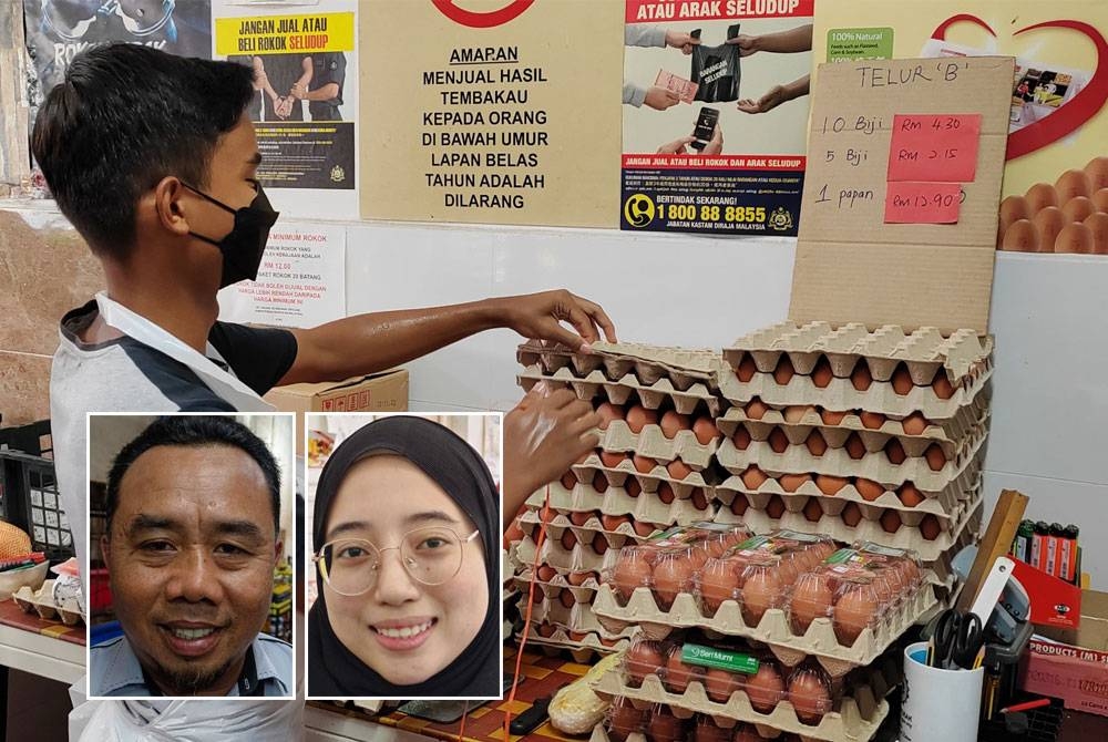 Anak lelaki Kim menyusun telur ayam yang baru diterima daripada pembekal di Ipoh. Gambar kecil dari kiri: Fadzua, Noorsyamimi