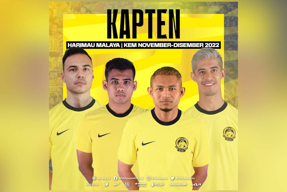 Senarai kapten Harimau Malaya (dari kiri) Dion, Safawi, Faisal dan Brendan. - Foto FAM