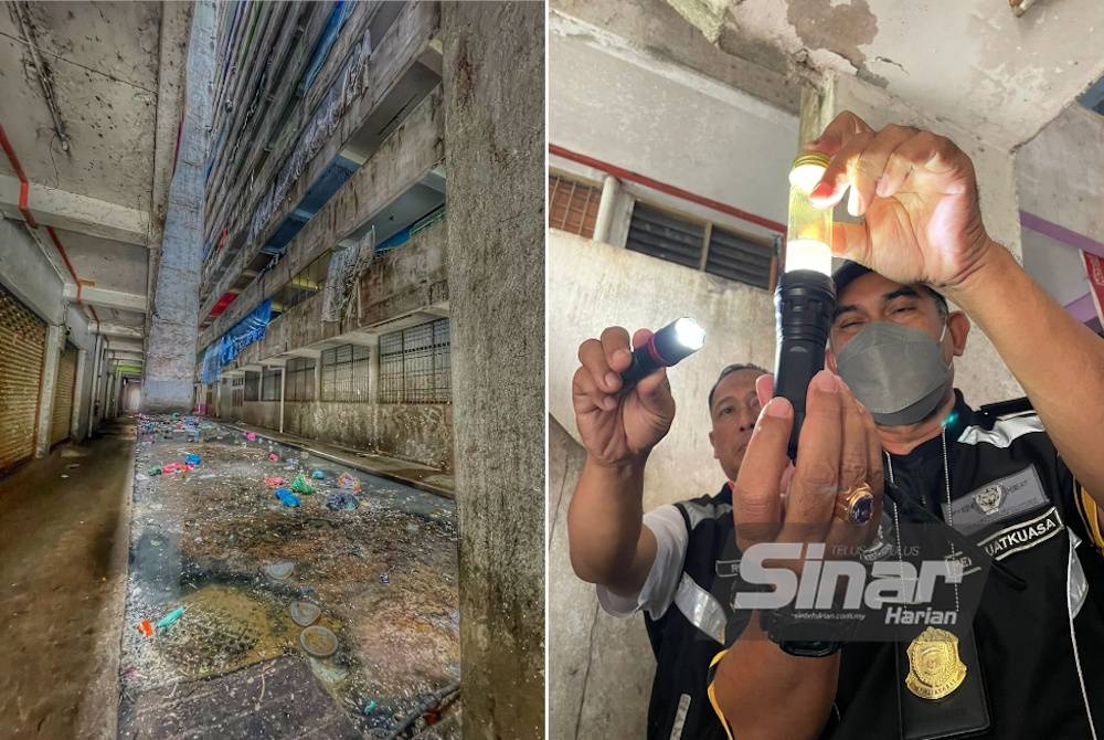 Keadaan Flat Taman Teluk Indah di Perai yang berbau busuk dan meloyakan dengan sampah sarap yang dibuang daripada tingkat atas. (Kanan: Mohd Wazir menunjukkan sampel air yang mengandungi jentik-jentik yang diambil pada tangga salah satu blok flat tersebut.)