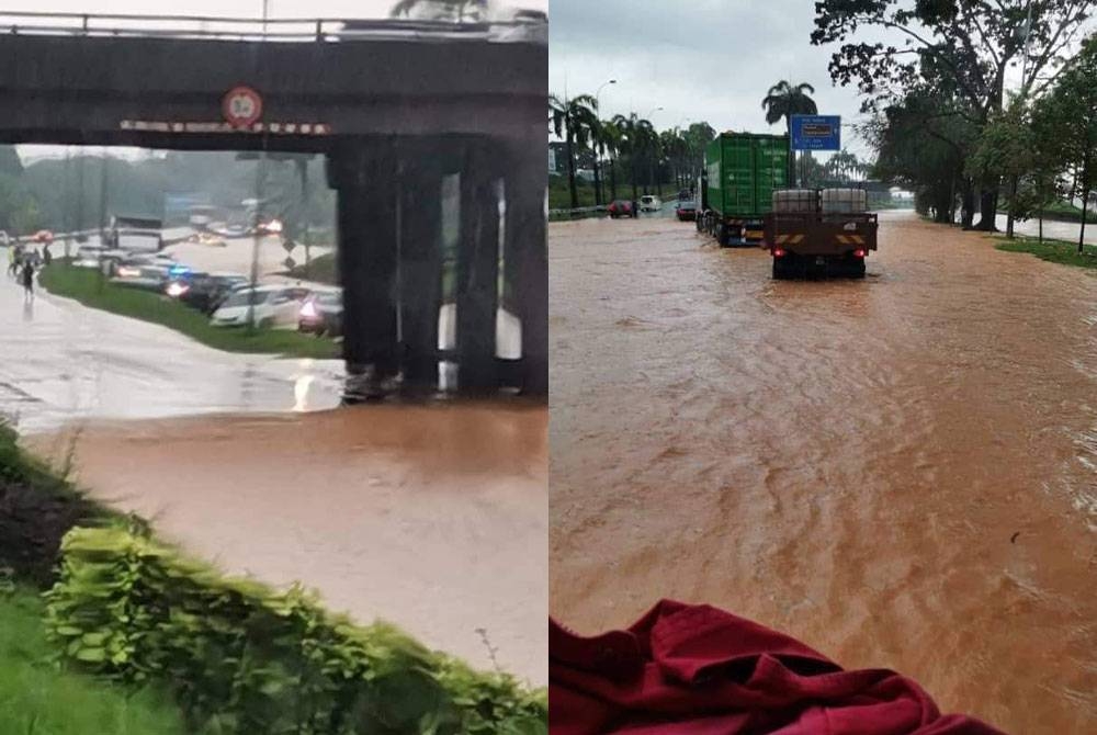 Beberapa kenderaan terkandas di jejantas bandar Seri Alam, Lebuhraya Pasir Gudang berikutan banjir kilat yang berlaku pada Isnin. - Foto: Media sosial