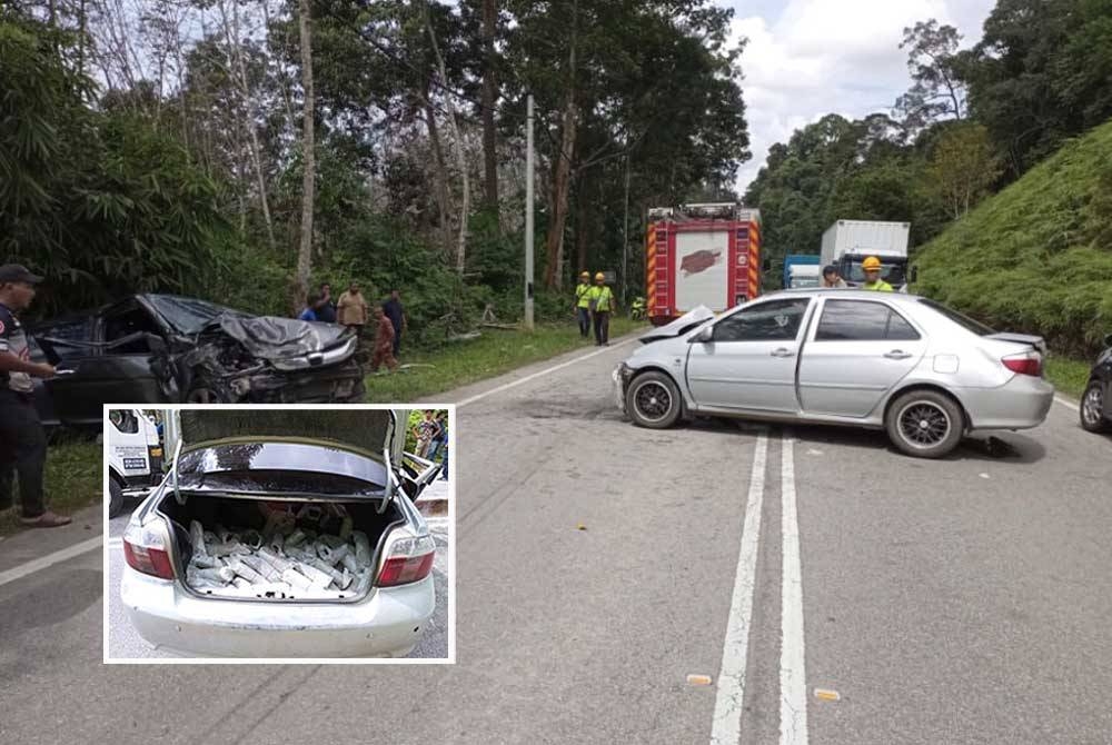 Kereta dipandu suspek hilang kawalan dan bertembung dengan Honda City di laluan bertentangan. (Gambar kecil: Muatan daun ketum ditemui dalam kereta Toyota Vios.)