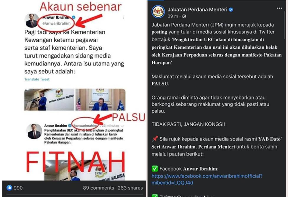 JPM sahkan akaun Twitter tular bukan milik Perdana Menteri.. (Gambar kanan : Kenyataan yang dimuat naik JPM di laman Facebook pada Rabu.)