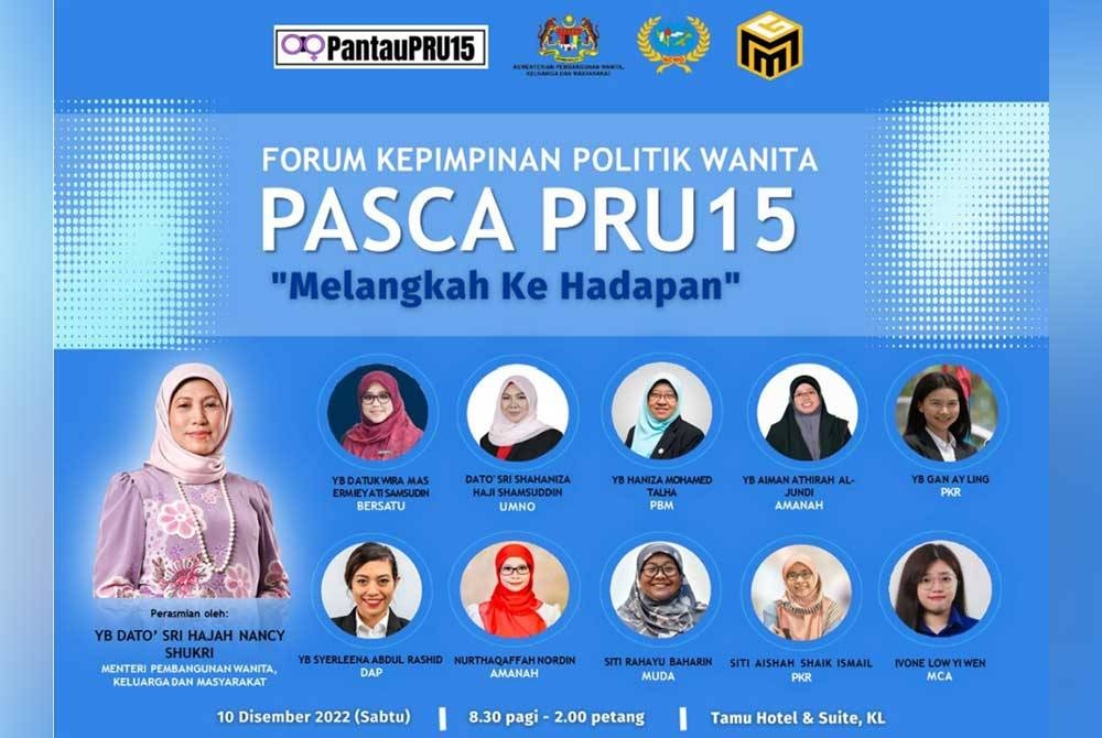 Poster menampilkan 10 calon wanita yang bertanding pada Pilihan Raya Umum ke-15 lalu akan berkongsi pengalaman mereka dalam Forum Kepimpinan Politik Wanita Pasca PRU15 di Tamu Hotel & Suite, Kuala Lumpur, pada Sabtu ini.