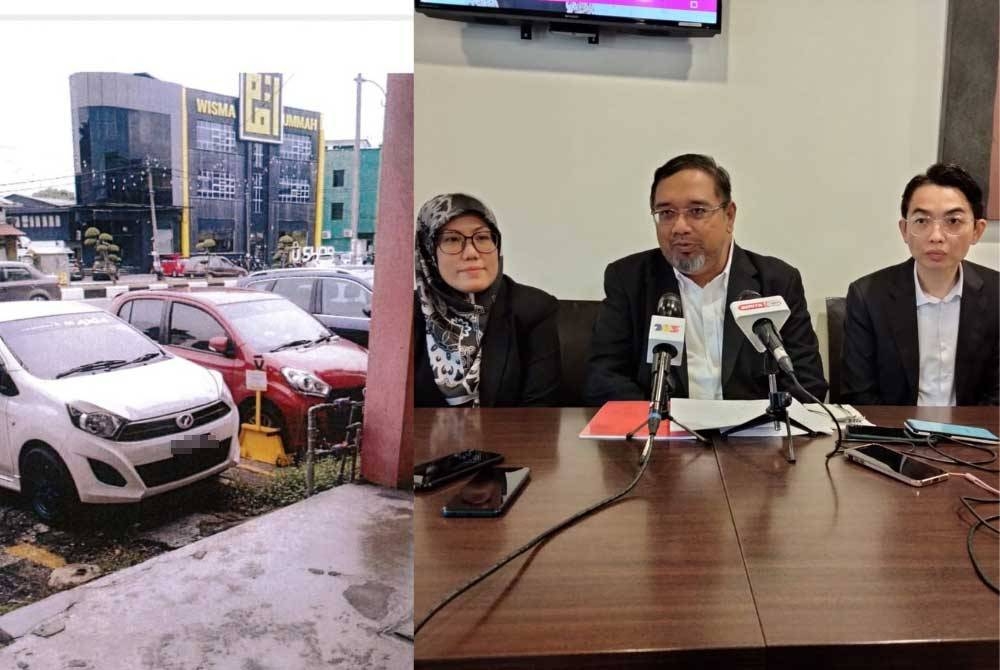 Gambar kiri: Kereta Nursyafawati yang diparkir dalam petak kereta dikenakan tindakan kunci tayar. Gambar kanan: Hisham tengah) ketika sidang akhbar pada Khamis.