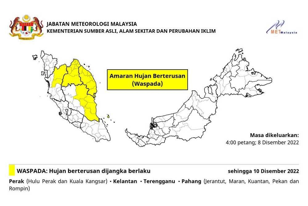 Amaran hujan berterusan (waspada) yang dikeluarkan MetMalaysia pada Khamis.