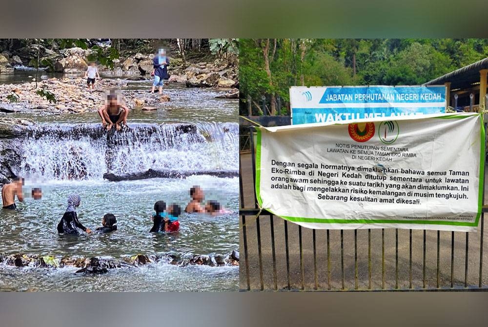 Orang ramai sedang beriadah sambil mandi manda di Taman Eko Rimba Bukit Wang pada Selasa. Notis penutupan sementara yang digantung JPNK di pintu masuk Taman Eko Rimba Bukit Wang di sini.