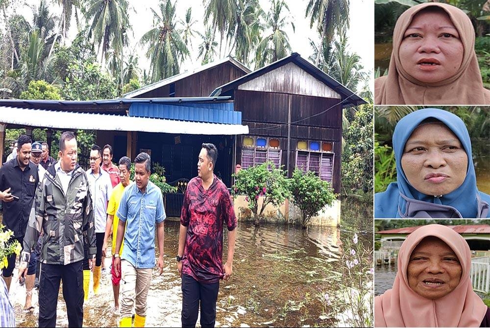 Rizam (depan kiri) bersama pegawainya dan agensi kerajaan berkaitan meninjau keadaan banjir termenung di Kampung Batu 38 di sini pada Rabu. (Gambar kecil dari atas: Siti Saliza, Kasmawati dan Atisah)