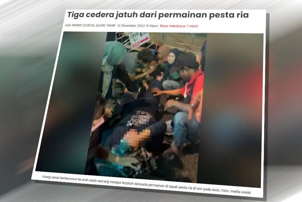 Tiga cedera selepas terjatuh daripada permainan di tapak fun fair (pesta ria) di sini pada Isnin.