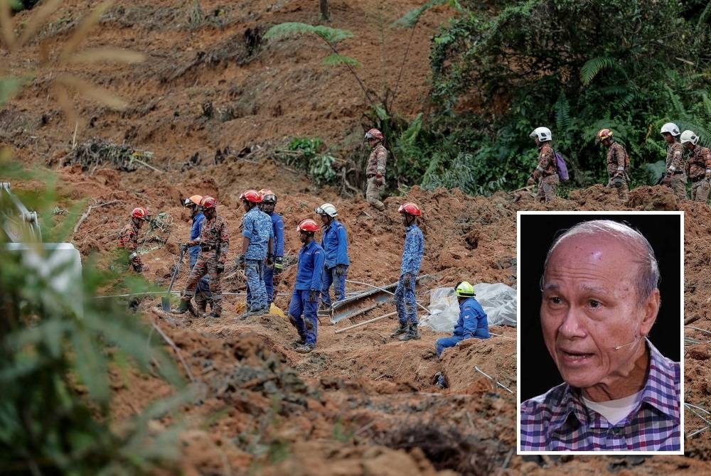 Pasukan penyelamat giat melakukan kerja-kerja mencari dan menyelamat di lokasi kejadian tanah runtuh di Batang Kali sejak Jumaat. (Gambar kecil: Lam Thye - Foto Sinar Harian MUHAMMAD SYARIN KHAIRI)