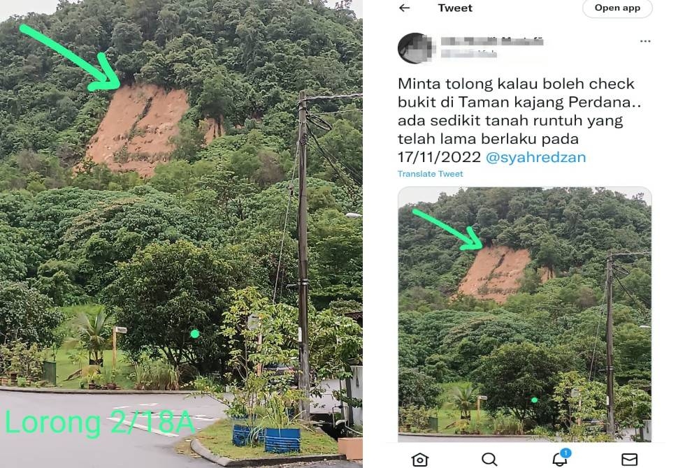 Gambar di lokasi kejadian. Kejadian tanah runtuh kecil dikongsikan seorang pengguna Twitter. - Foto Twitter