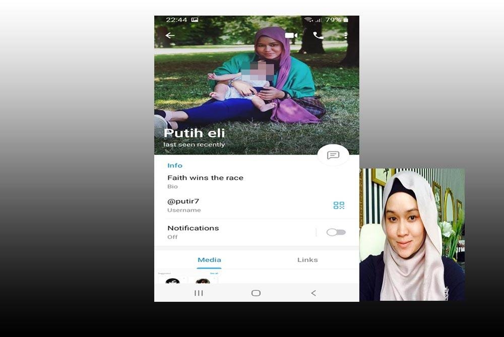 Akaun palsu telegram yang memaparkan gambar Farah dan anaknya. (Gambar dalam :Farah -Linkedin)