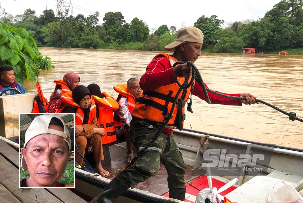 Shamsuddin (kanan) membuka tali bot sebelum menyeberangi sungai. Gambar kecil: Shamsuddin 