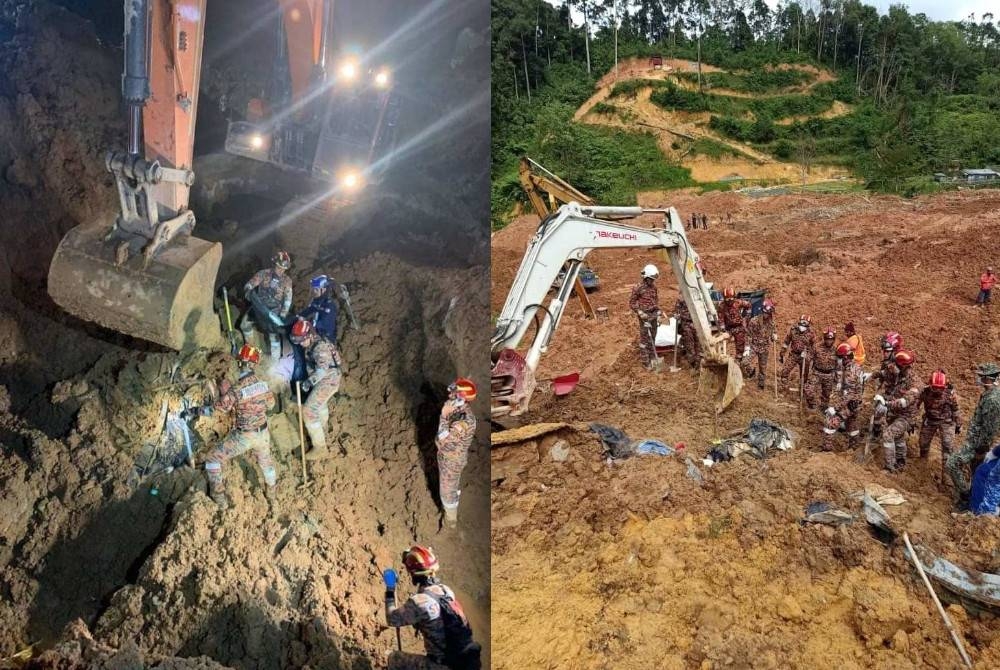 Pasukan SAR berkemungkinan akan membuat penggalian lebih dalam bagi mencari mangsa di kawasan insiden tanah runtuh di tapak perkhemahan Father’s Organic Farm, Gohtong Jaya dekat sini. - Foto Bomba