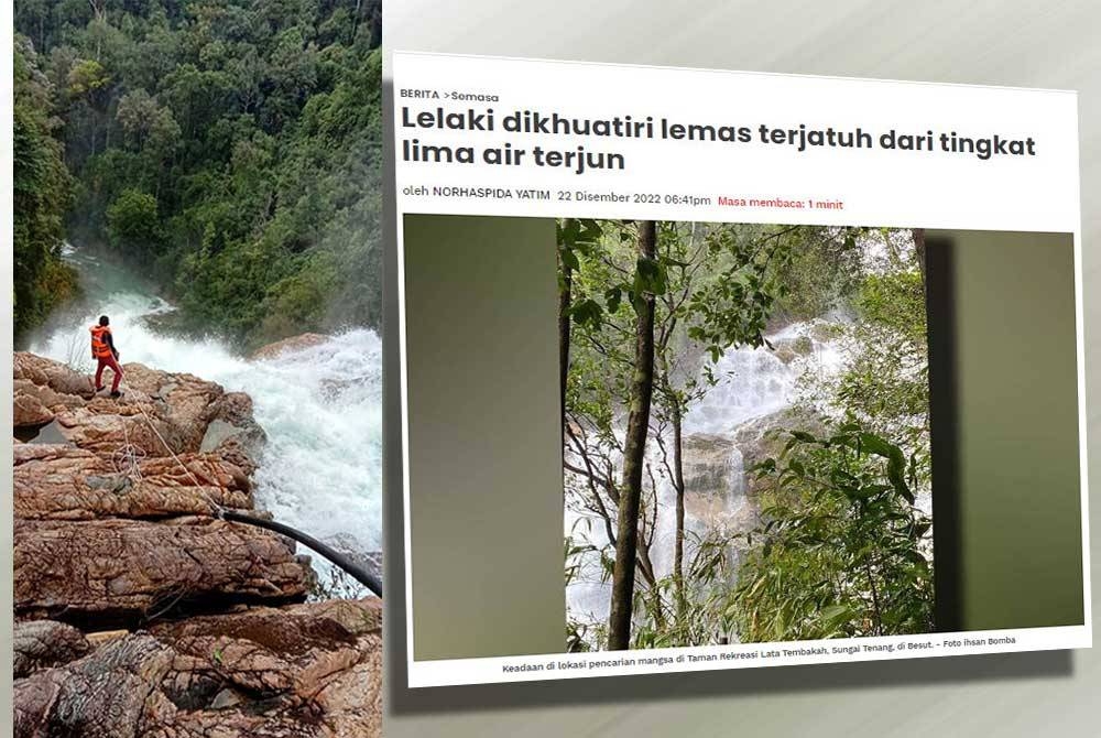 Antara lokasi pencarian mangsa di kawasan air terjun Lata Tembakah di Hulu Besut, Terengganu. Foto: ihsan APM Terengganu (Gambar kiri: Laporan Sinar Harian pada Khamis.)