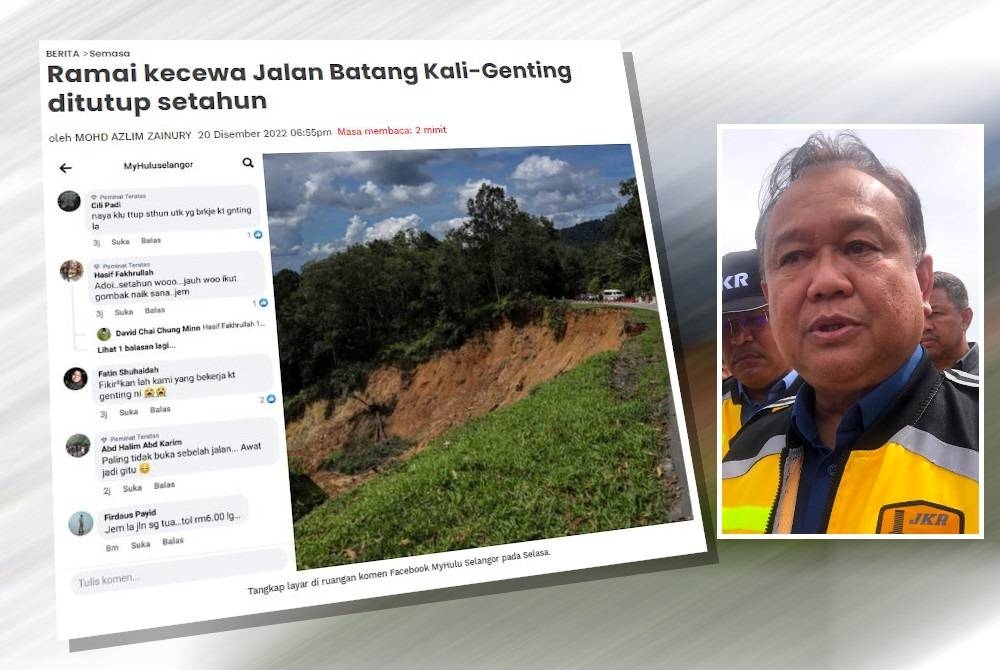 Penutupan jalan Batang Kali ke Genting berikutan kerja pembaikan cerun dan jalan di kawasan insiden tanah runtuh yang dijangka mengambil masa setahun mengundang pelbagai reaksi pengguna laluan itu di laman sosial sebelum ini. (Gambar kecil: Nanta)