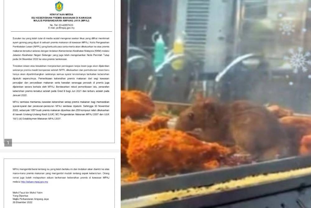 Kenyataan MPAJ pada Isnin. Premis makanan ini tular selepas kejadian seekor tikus menjamah ayam goreng dalam pemanas makanan.