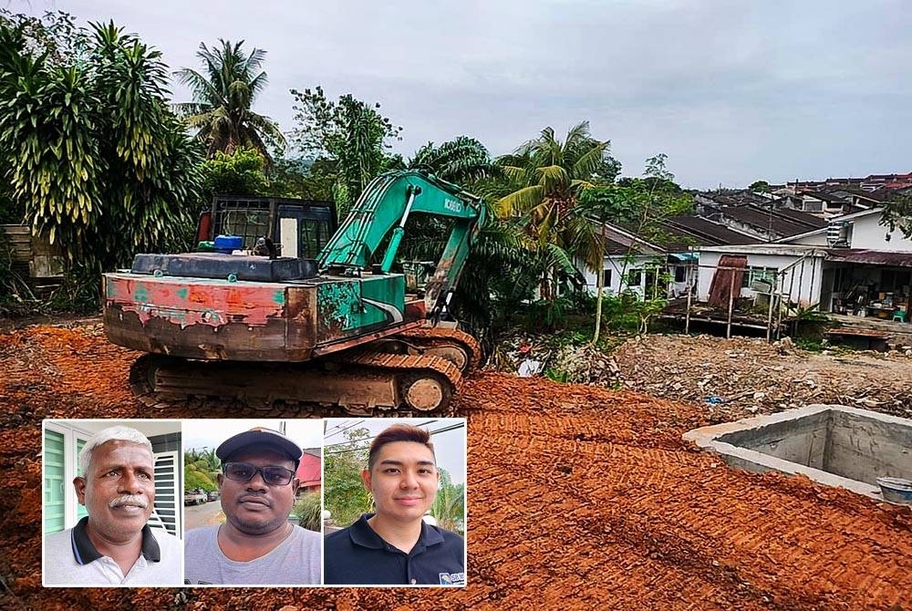 Kerja baik pulih sedang dilakukan di lokasi. Gambar dalam dari kiri :Alagappen,Nimalan dan Sean Ching.