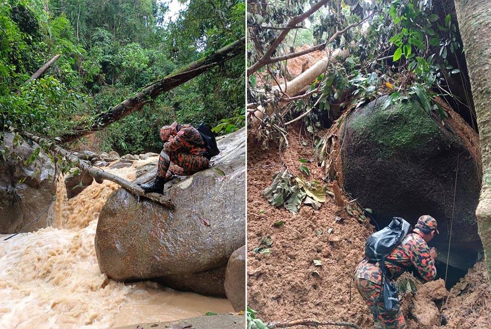 Keadaan anak sungai yang berbatu dan terdapat sisa runtuhan antara cabaran ditempuh dalam operasi mencari dan menyelamat mangsa tragedi tanah runtuh di tapak perkhemahan di Father's Organic Farm, Jalan Genting-Batang Kali di sini.