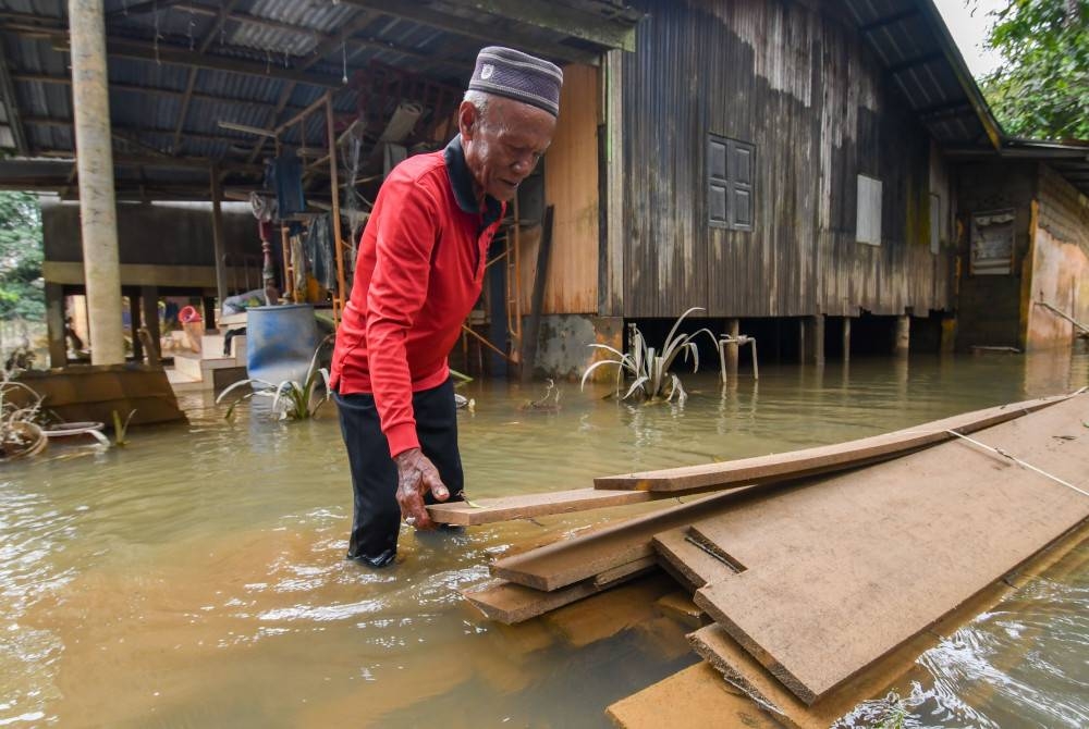 Che Ali Che Mud, 60, memeriksa papan yang akan digunakan untuk membaiki rumahnya susulan kejadian banjir baru-baru ini ketika tinjauan Kampung Tersang, Rantau Panjang pada Isnin. - Foto Bernama