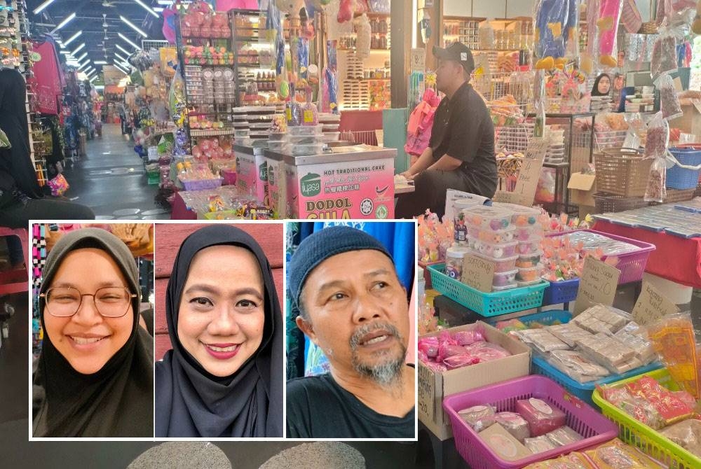 Keadaan Bazar Ole-Ole Melaka di Banda Hilir yang kurang didatangi pengunjung pada hari biasa. (Gambar kecil dari kiri: Siti Aminah, Azlin, Zulkifli)