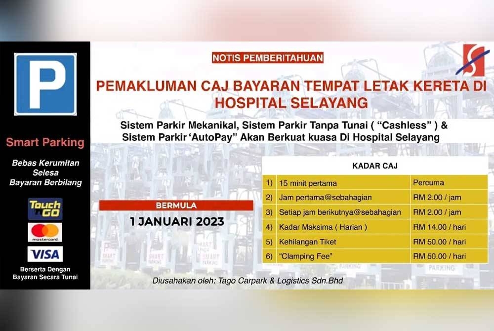 Info grafik mengenai caj parkir kenderaan di Hospital Selayang berkuat kuasa pada 1 Januari tahun depan.